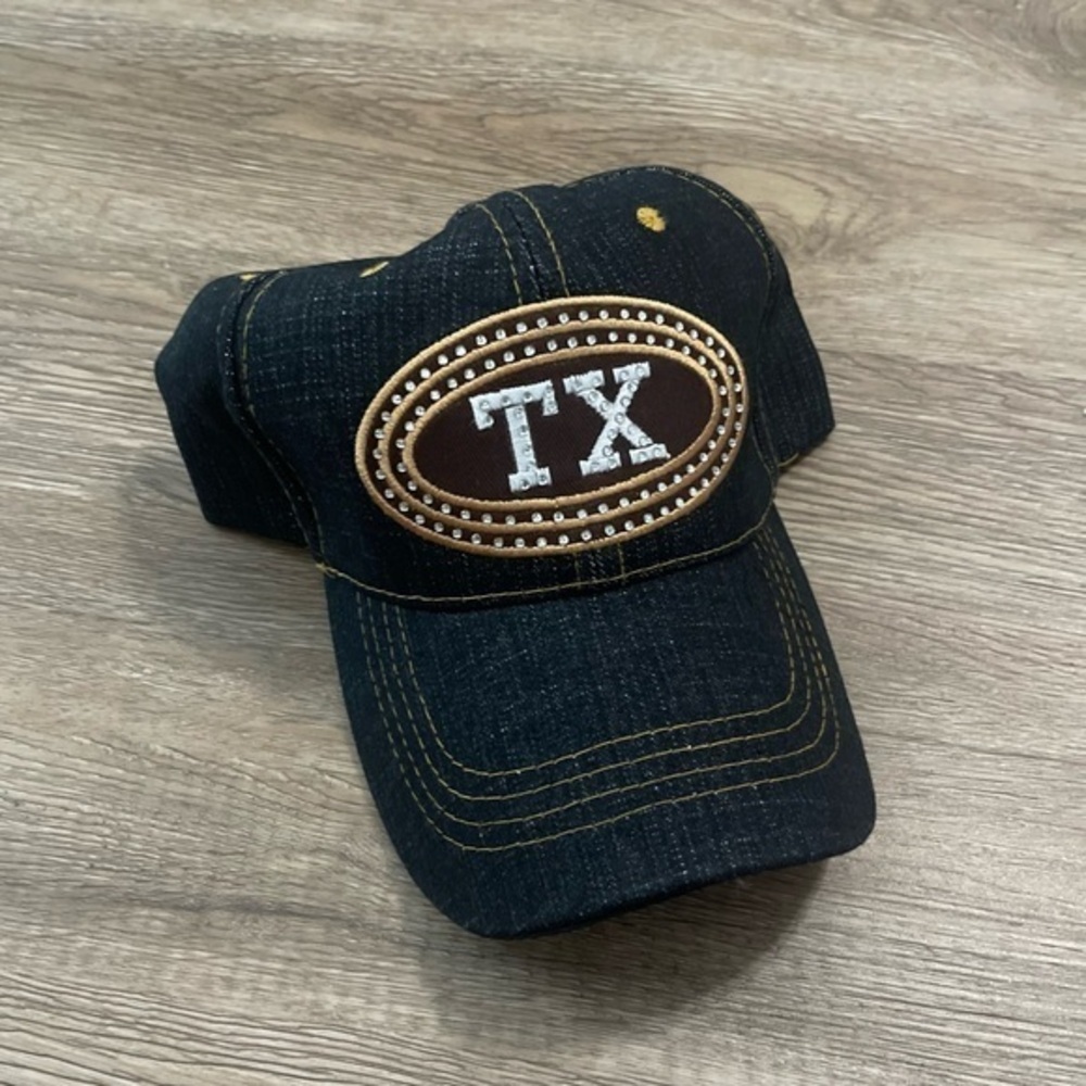 Y2K NWT TX Texas Denim Adjustable Rhinestone Embroidered Cap Dark Blue Retro